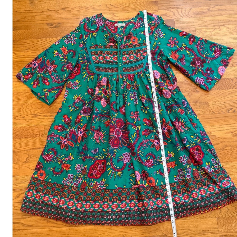 World Market Green Floral Cotton Boho Peasant Dress Tassel Bib L/XL - Picture 4 of 7